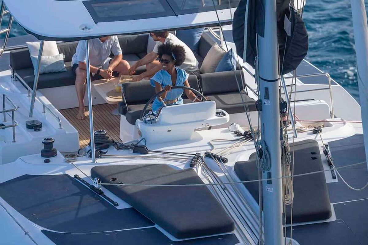 Cockpit of Athena Blu, a Lagoon 51 catamaran at Athens, Greece
