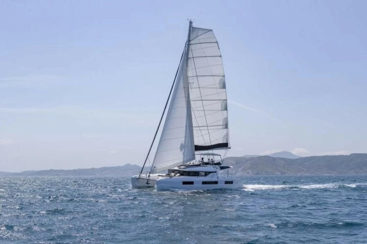 Exterior view of Athena Blu, a Lagoon 51 catamaran at Athens, Greece