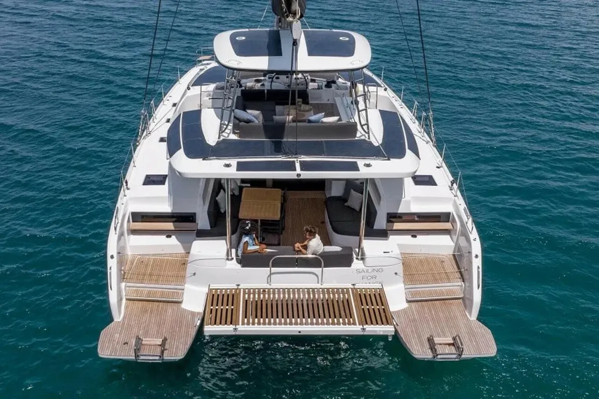 Exterior view of Athena Blu, a Lagoon 51 catamaran at Athens, Greece