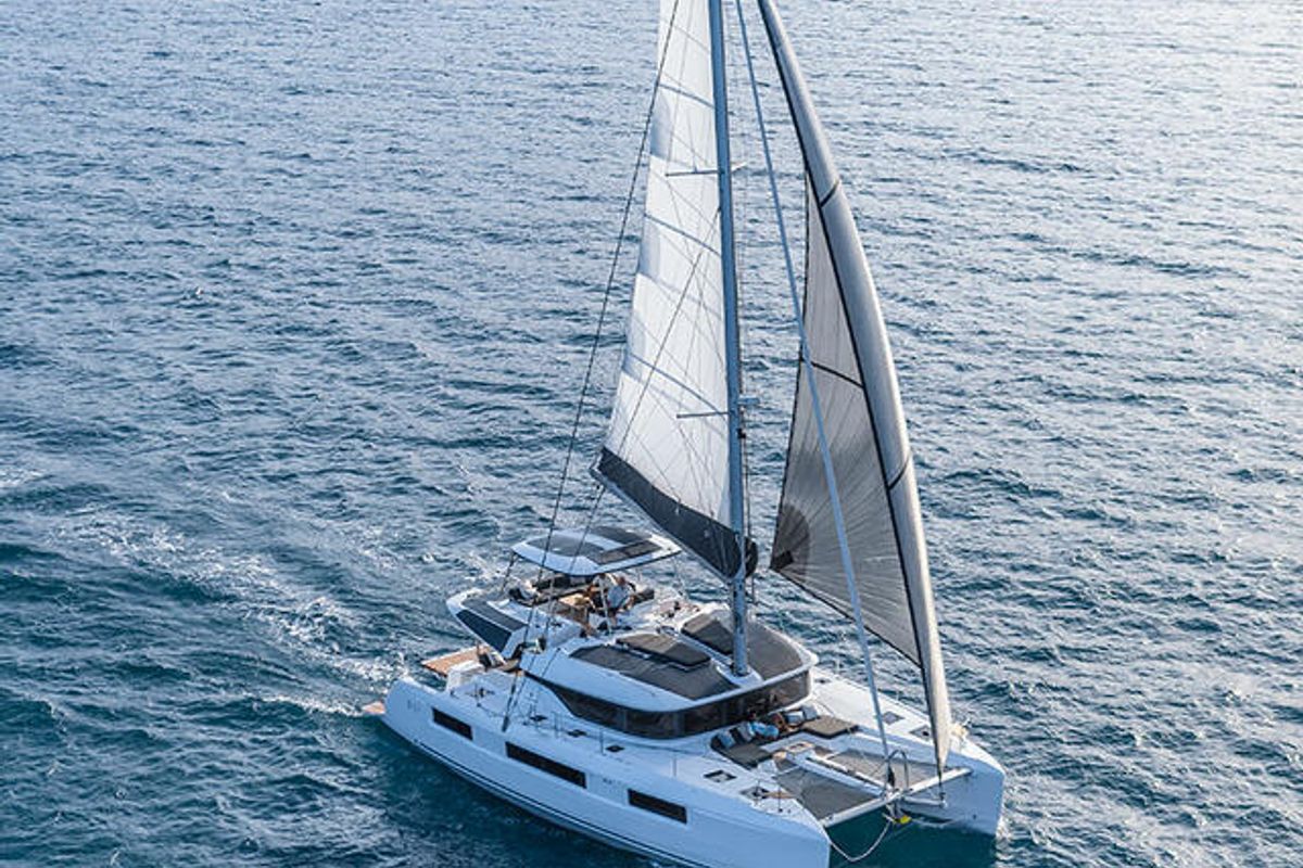 Exterior view of Athena Blu, a Lagoon 51 catamaran at Athens, Greece