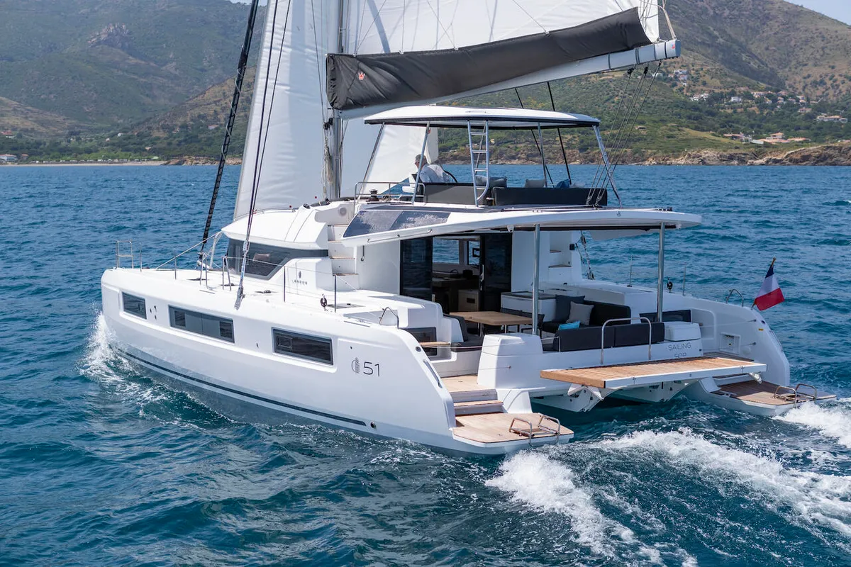 Exterior view of Athena Blu, a Lagoon 51 catamaran at Athens, Greece