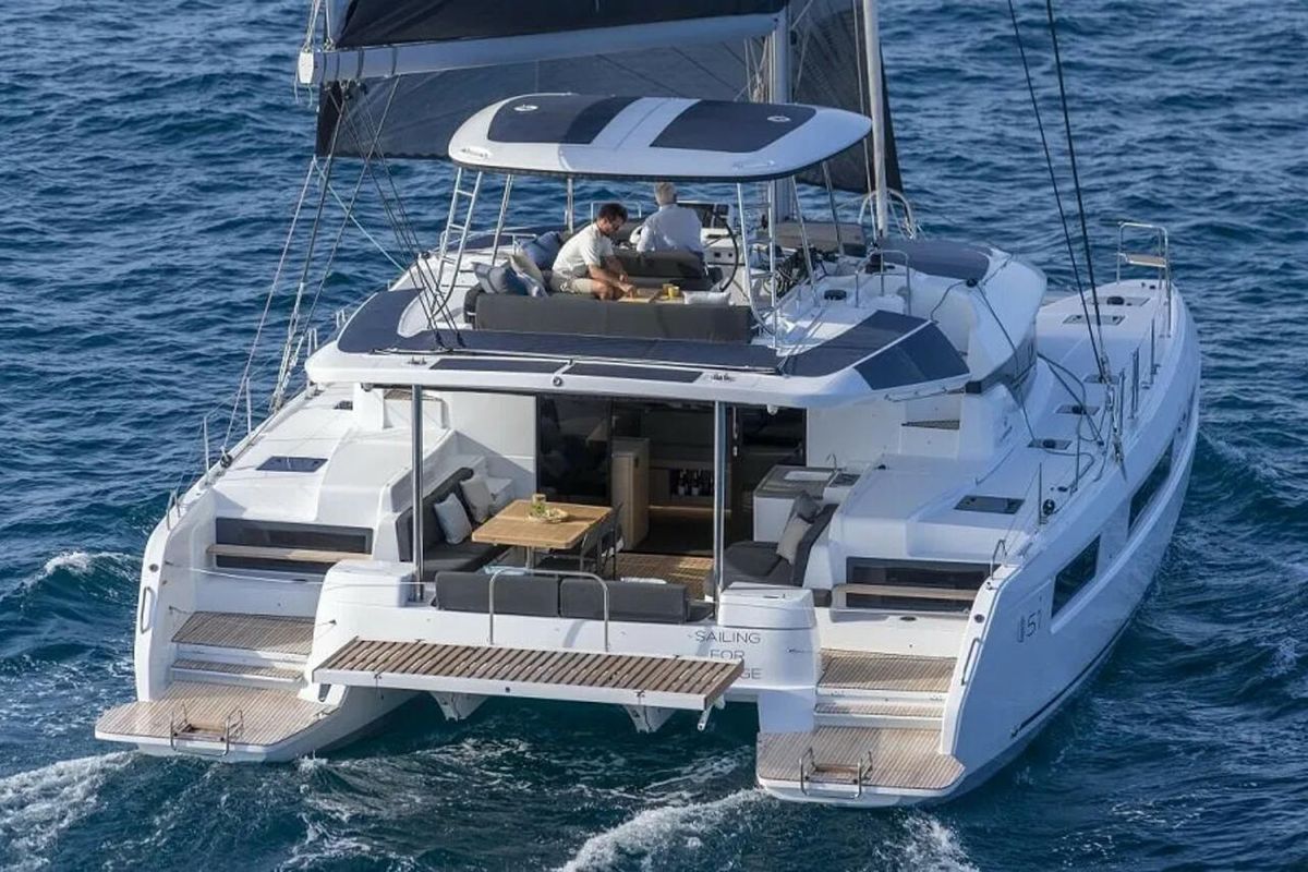 Exterior view of Athena Blu, a Lagoon 51 catamaran at Athens, Greece