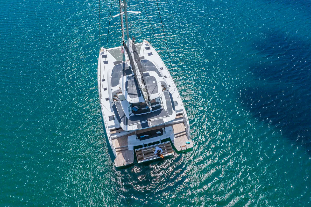 Exterior view of Athena Blu, a Lagoon 51 catamaran at Athens, Greece