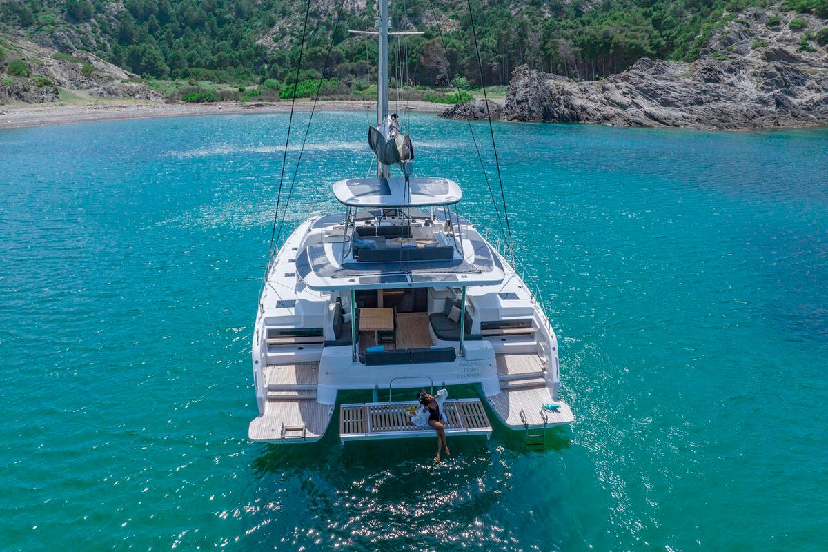 Exterior view of Athena Blu, a Lagoon 51 catamaran at Athens, Greece