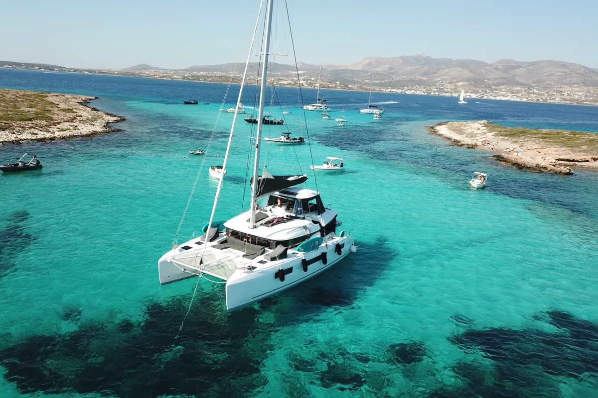 Exterior view of Athena Blu, a Lagoon 51 catamaran at Athens, Greece
