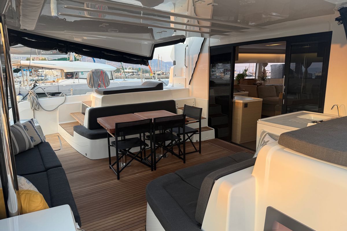 Deck of Athena Blu, a Lagoon 51 catamaran at Athens, Greece