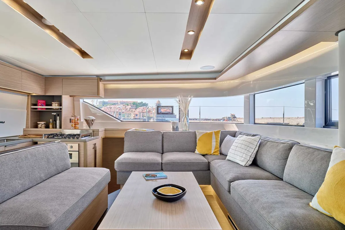 Salon of Athena Blu, a Lagoon 51 catamaran at Athens, Greece