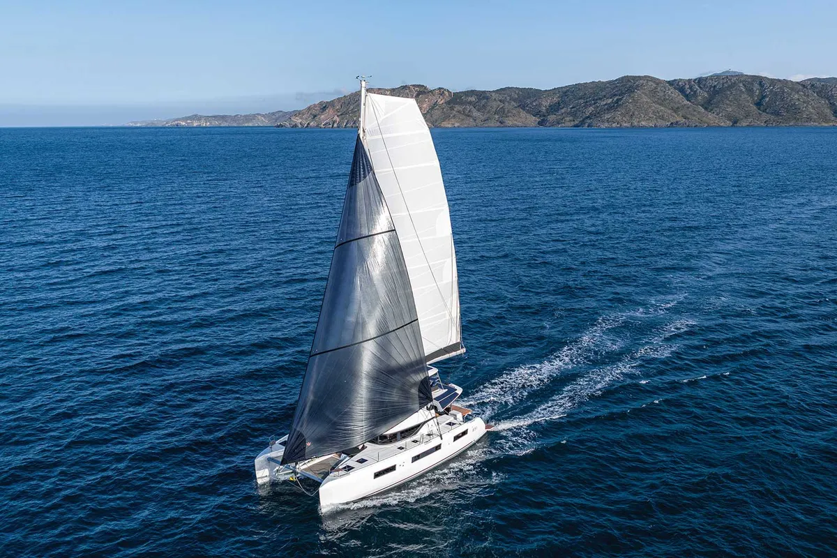 Exterior view of Athena Blu, a Lagoon 51 catamaran at Athens, Greece