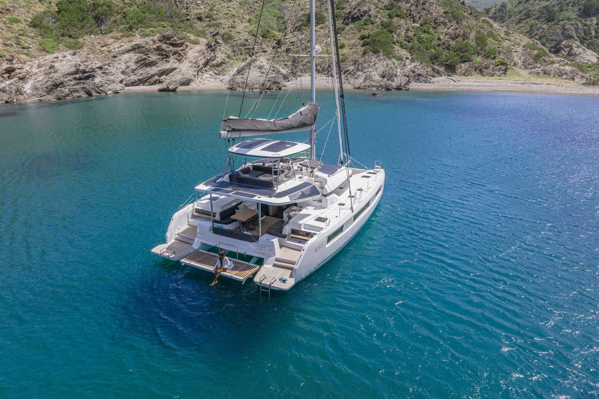 Exterior view of Athena Blu, a Lagoon 51 catamaran at Athens, Greece