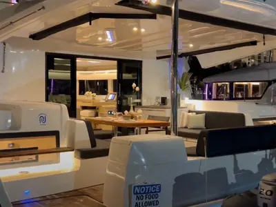 Deck of Athena Blu, a Lagoon 51 catamaran at Athens, Greece