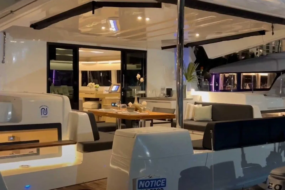 Deck of Athena Blu, a Lagoon 51 catamaran at Athens, Greece