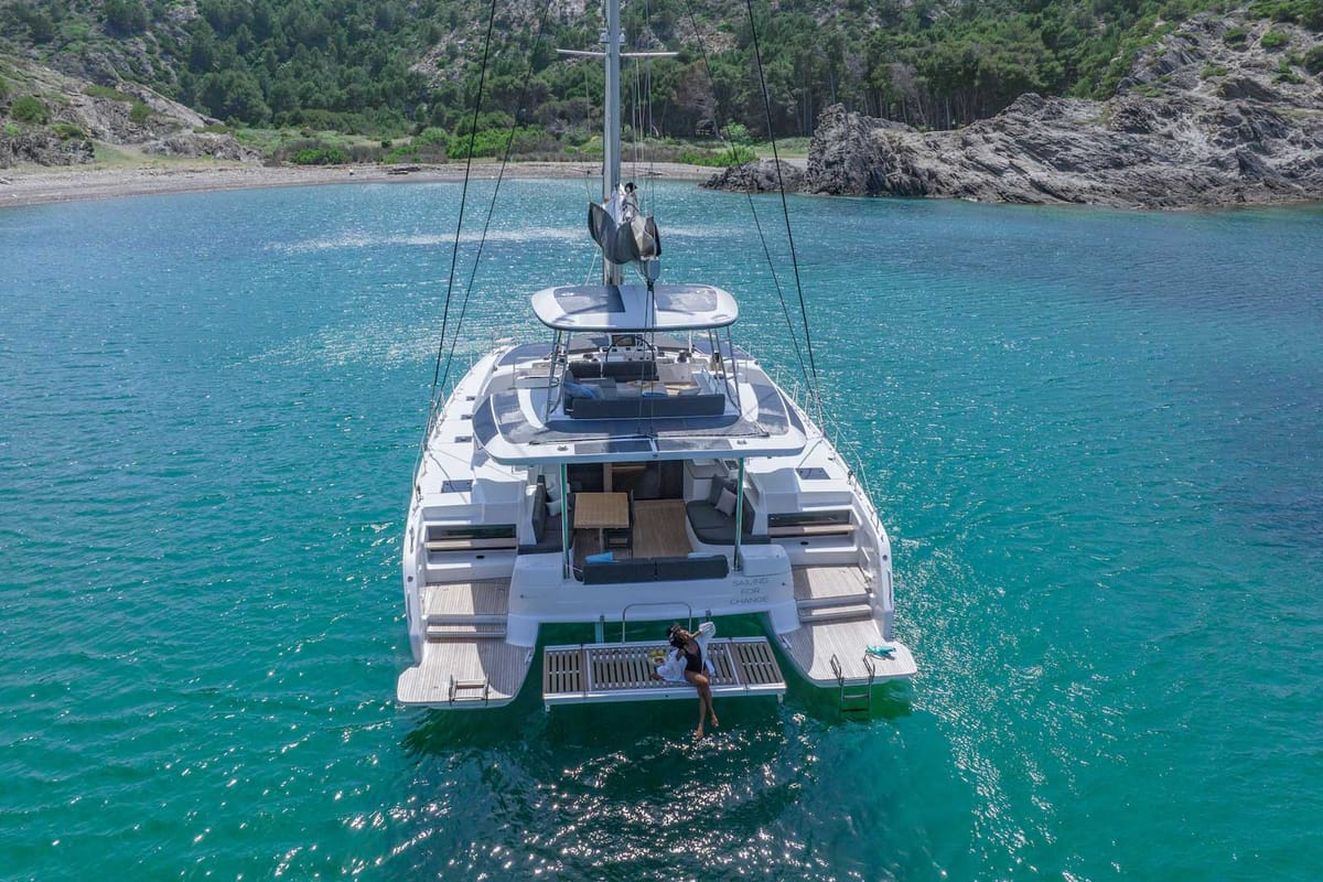 Exterior view of Athena Blu, a Lagoon 51 catamaran at Athens, Greece