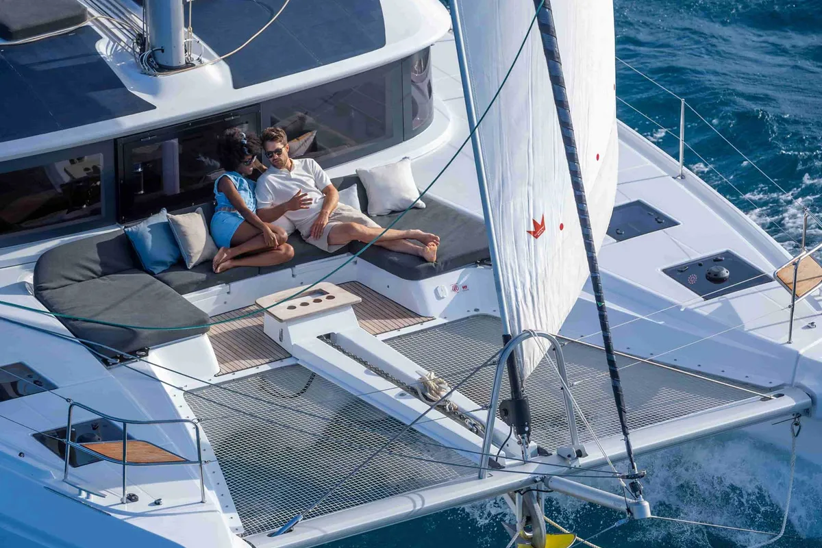 Deck of Athena Blu, a Lagoon 51 catamaran at Athens, Greece