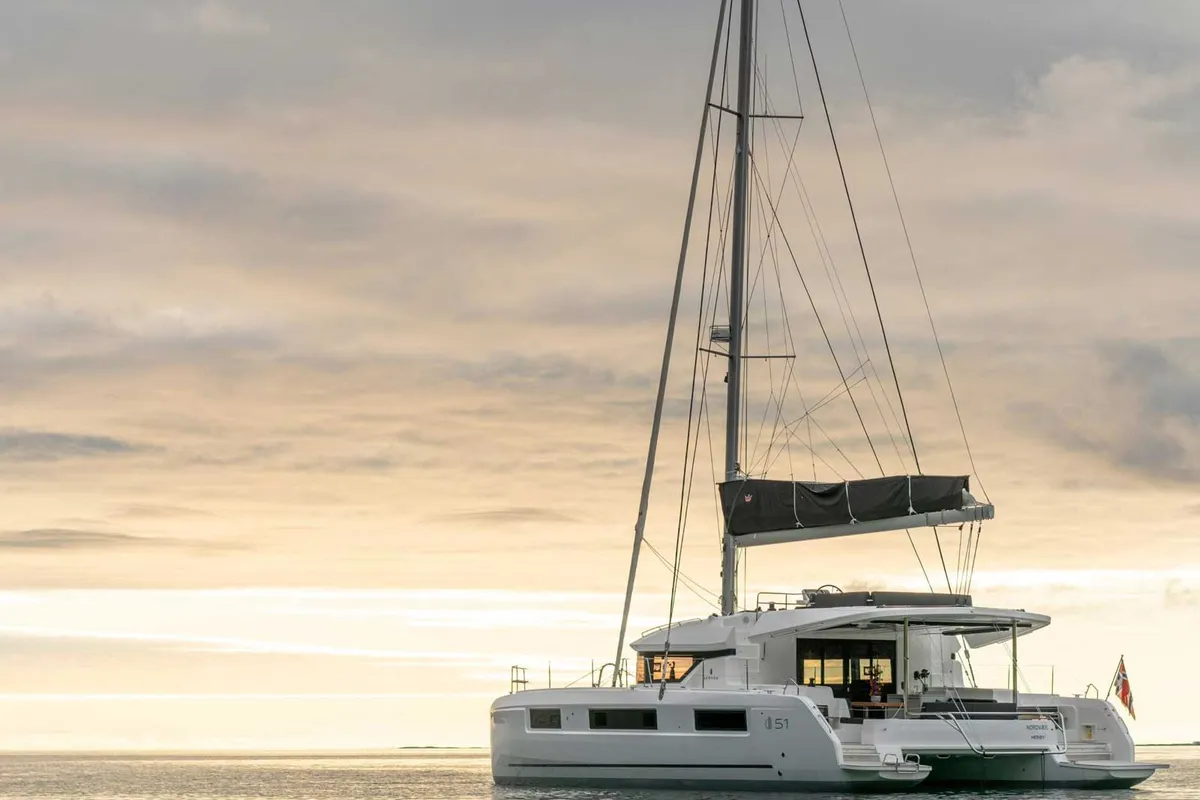 Exterior view of Athena Blu, a Lagoon 51 catamaran at Athens, Greece