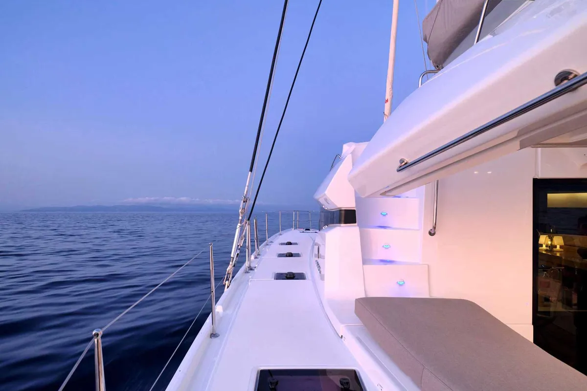 Deck of Athena Blu, a Lagoon 51 catamaran at Athens, Greece