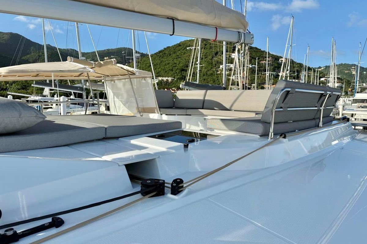 Deck of Morskie Oko, a Fountaine Pajot Elba 45 catamaran at Road Town, British Virgin Islands