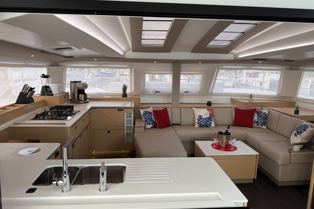 Salon of Morskie Oko, a Fountaine Pajot Elba 45 catamaran at Road Town, British Virgin Islands