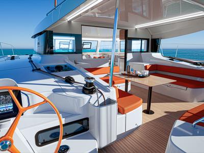 Cockpit of First Kiss, a Excess 13 catamaran at Dubrovnik, Croatia