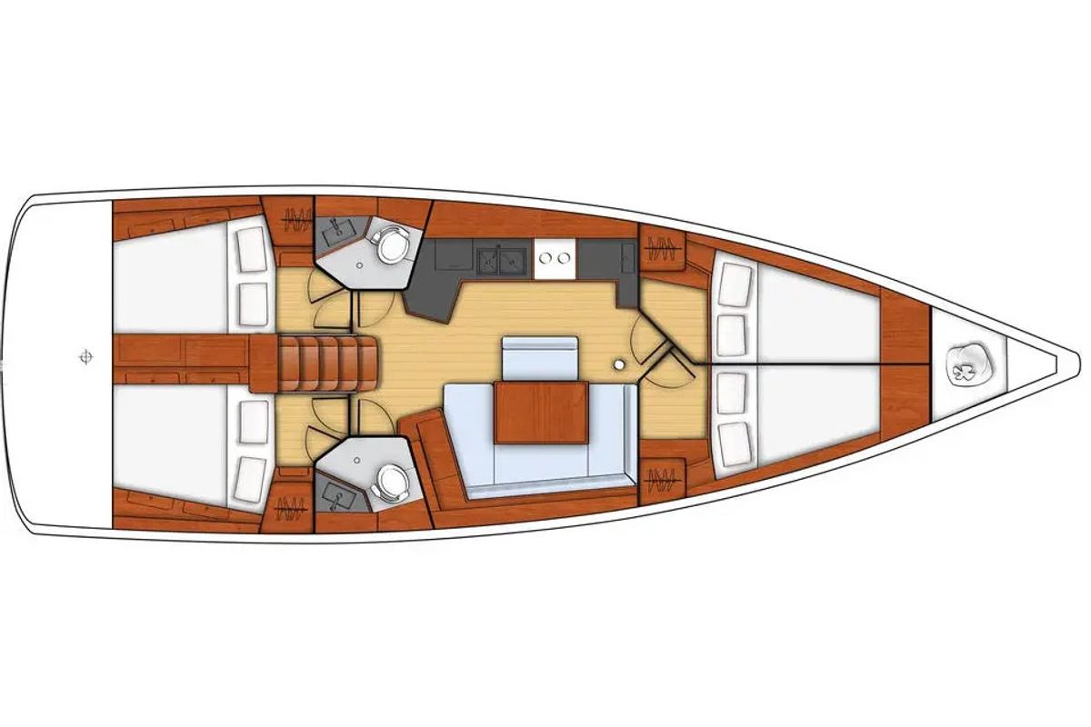 Floor plan of Ada 3, a Beneteau Oceanis 45 sailboat at Marmaris, Turkey