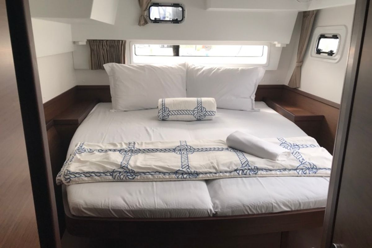 Cabin on Sammy, a Lagoon 42 catamaran at Olbia, Italy