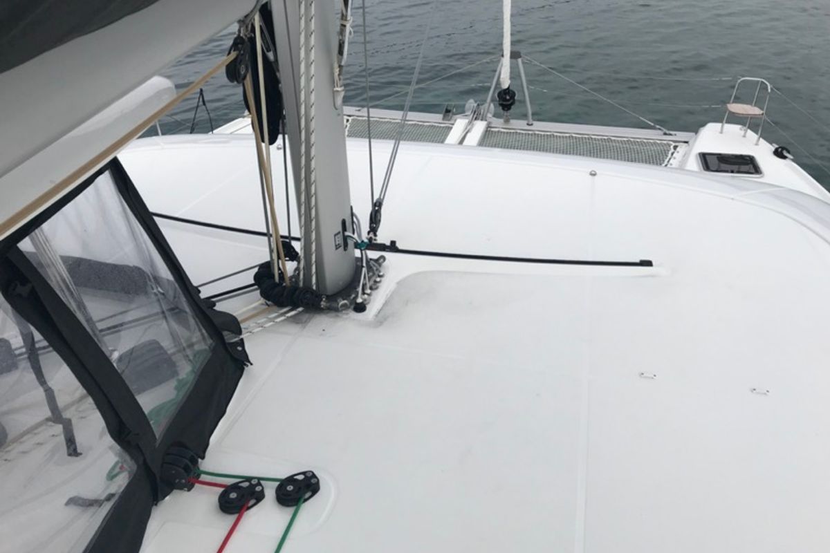 Deck of Sammy, a Lagoon 42 catamaran at Olbia, Italy
