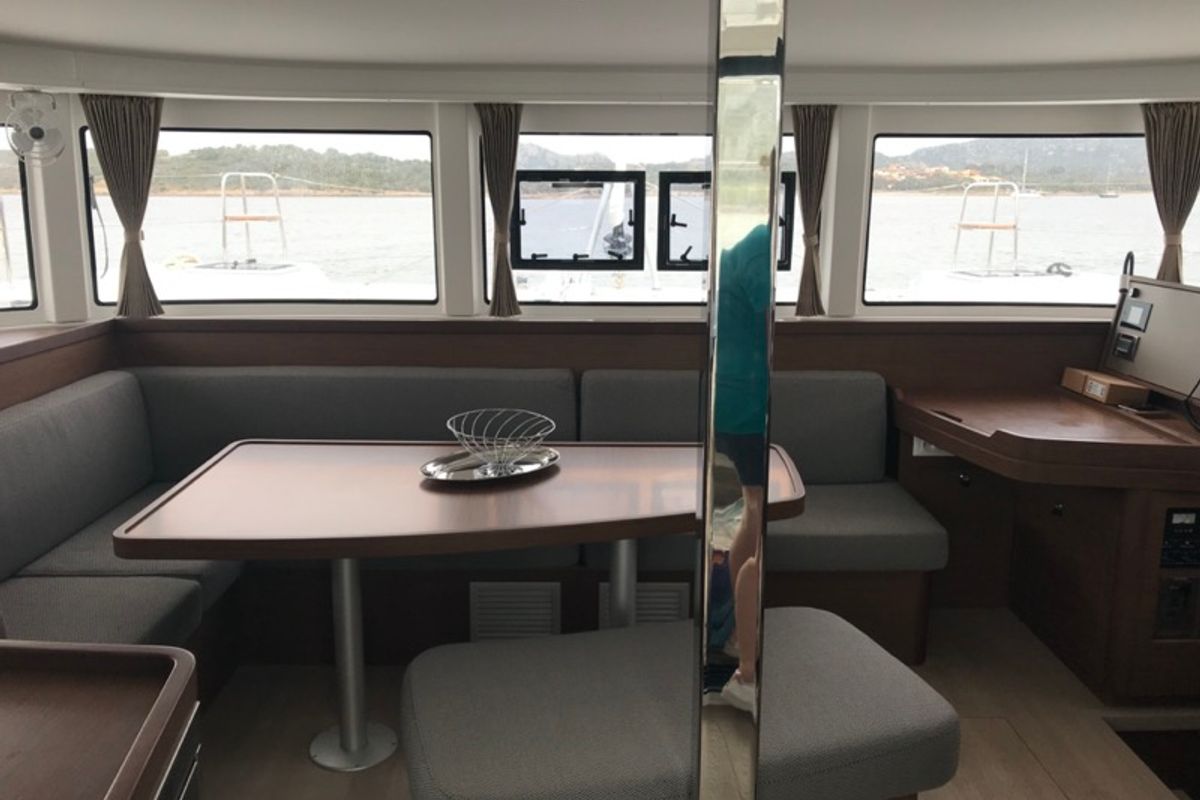 Salon of Sammy, a Lagoon 42 catamaran at Olbia, Italy