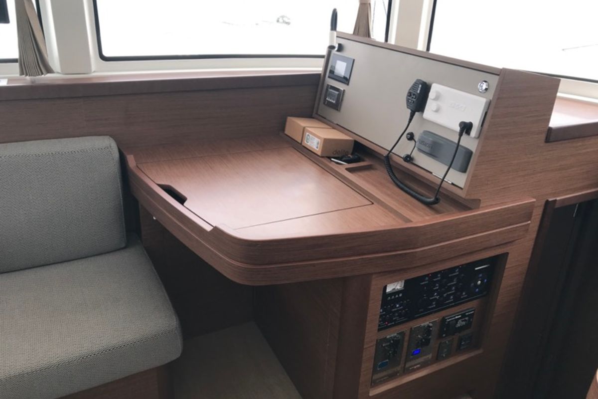 Cockpit of Sammy, a Lagoon 42 catamaran at Olbia, Italy