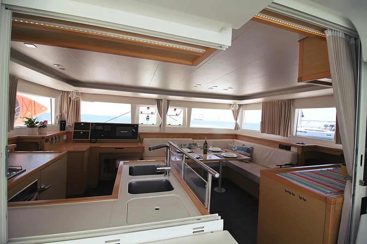 Salon of Poker Face, a Lagoon 450 catamaran at Athens, Greece