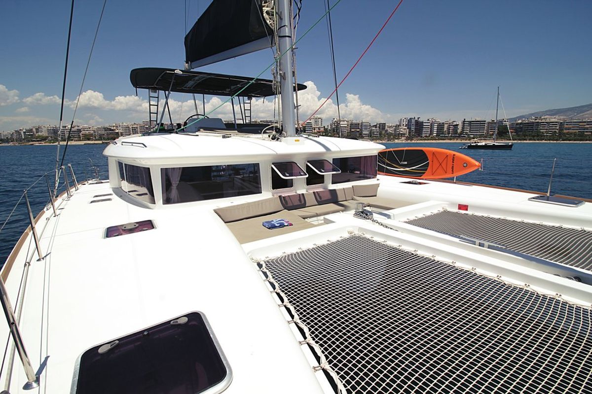 Deck of Poker Face, a Lagoon 450 catamaran at Athens, Greece