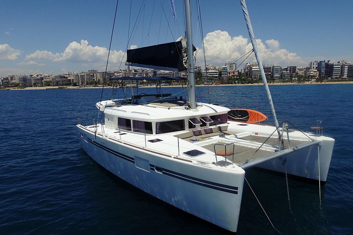 Exterior view of Poker Face, a Lagoon 450 catamaran at Athens, Greece