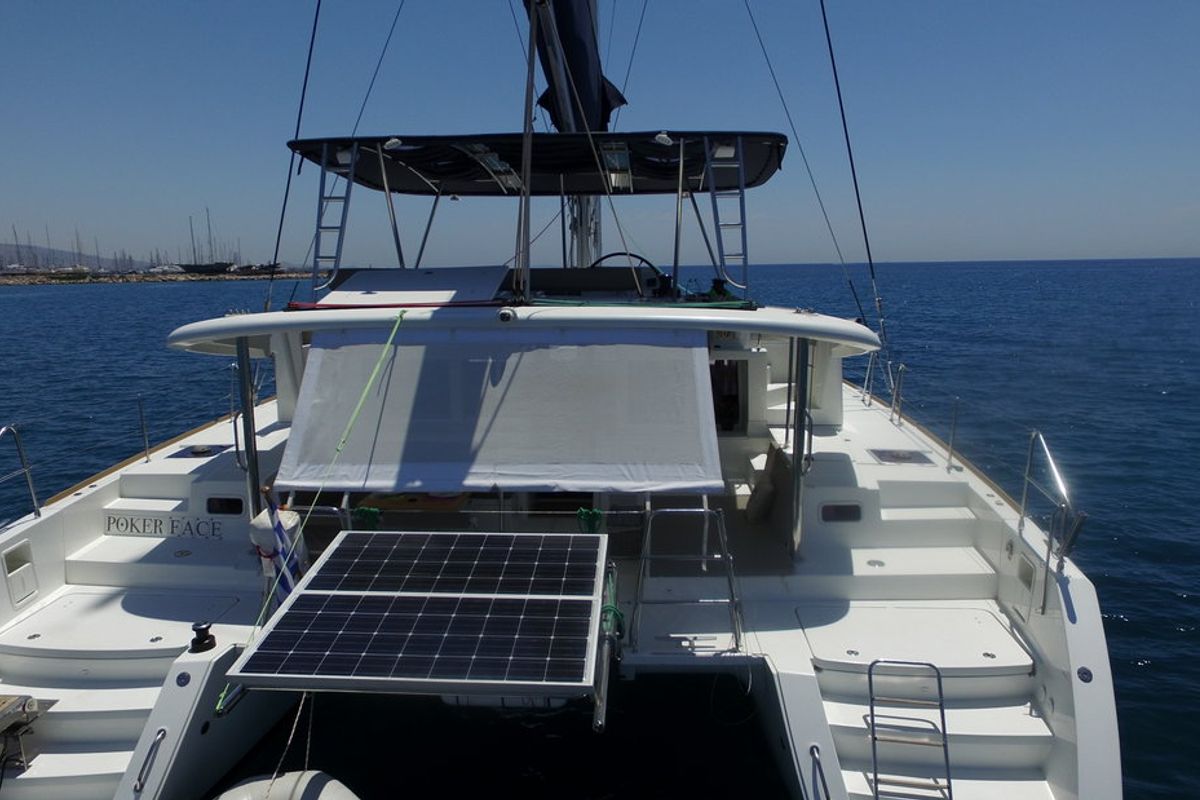 Deck of Poker Face, a Lagoon 450 catamaran at Athens, Greece