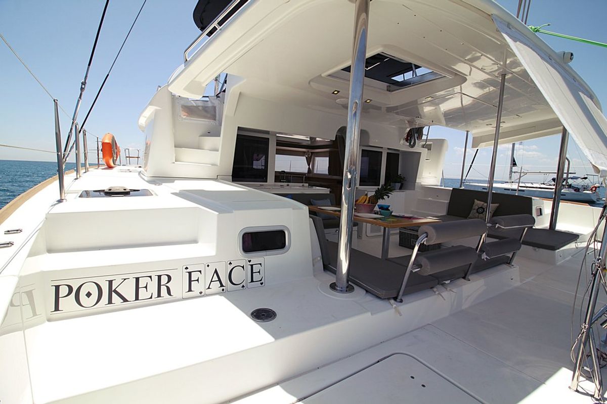 Deck of Poker Face, a Lagoon 450 catamaran at Athens, Greece