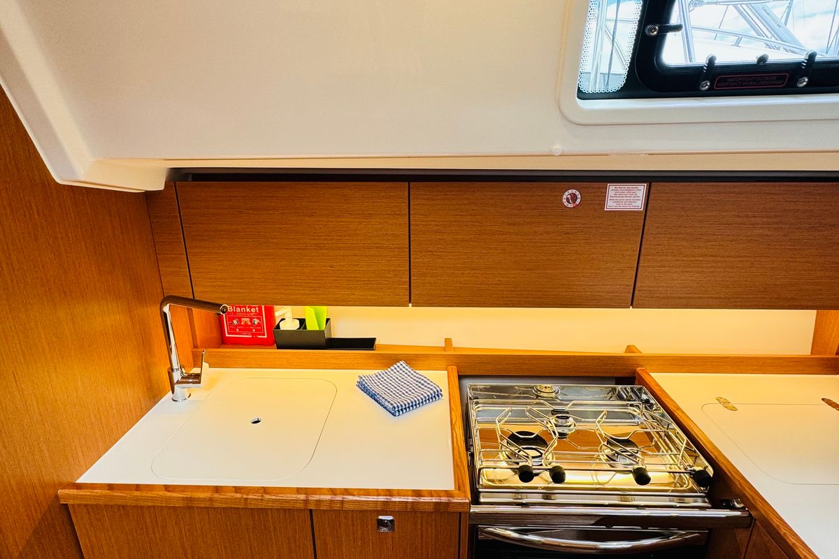 Galley of Simbad, a Bavaria C38 sailboat at Novi Vinodolski, Croatia