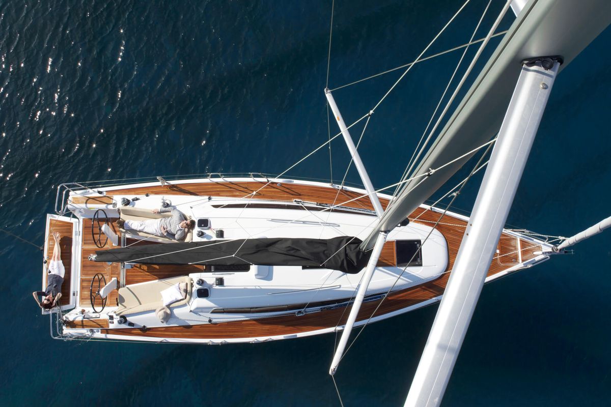 Deck of Mrs. Gump, a Dehler 38 SQ sailboat at Punat, Croatia