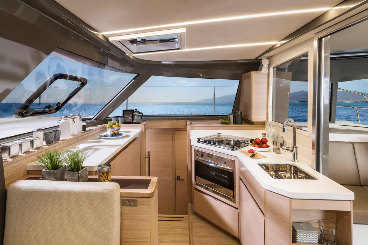 Galley of Sea Spirit, a Nautitech Rochefort Nautitech 40 Open catamaran at Grande Rivière Noire VCA, Mauritius