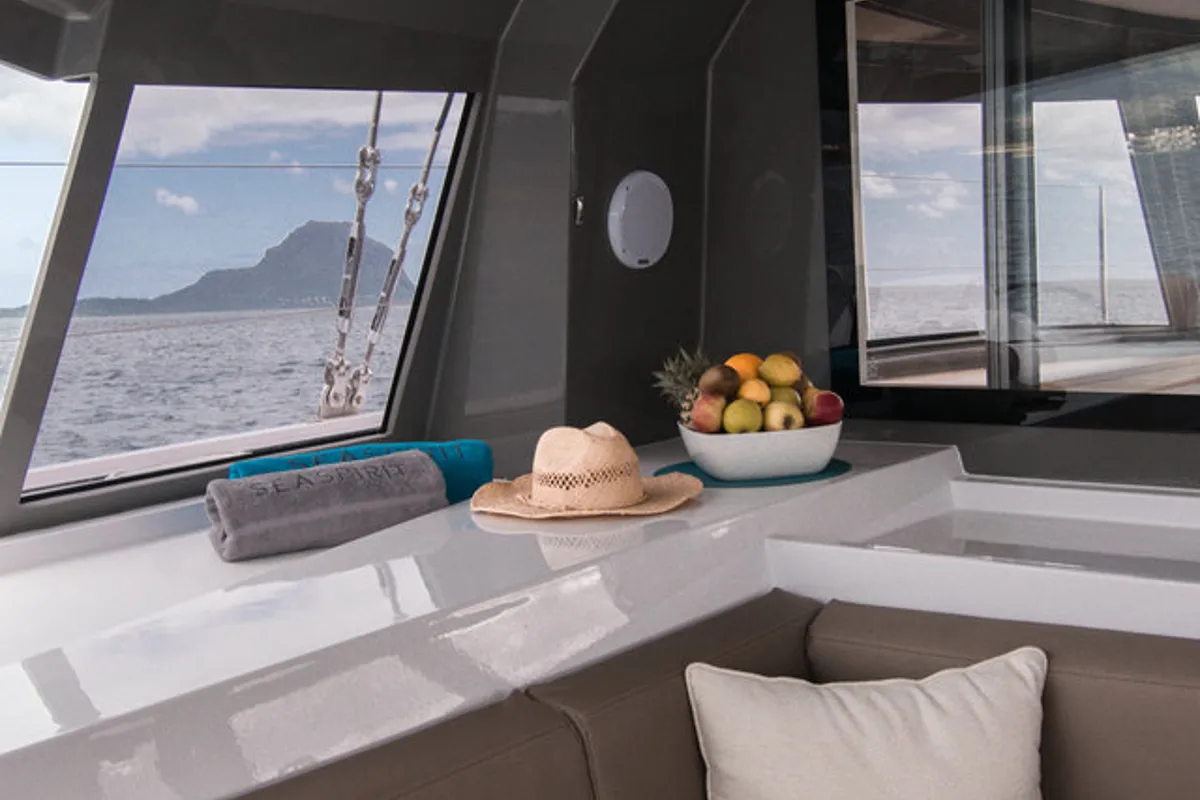 Salon of Sea Spirit, a Nautitech Rochefort Nautitech 40 Open catamaran at Grande Rivière Noire VCA, Mauritius