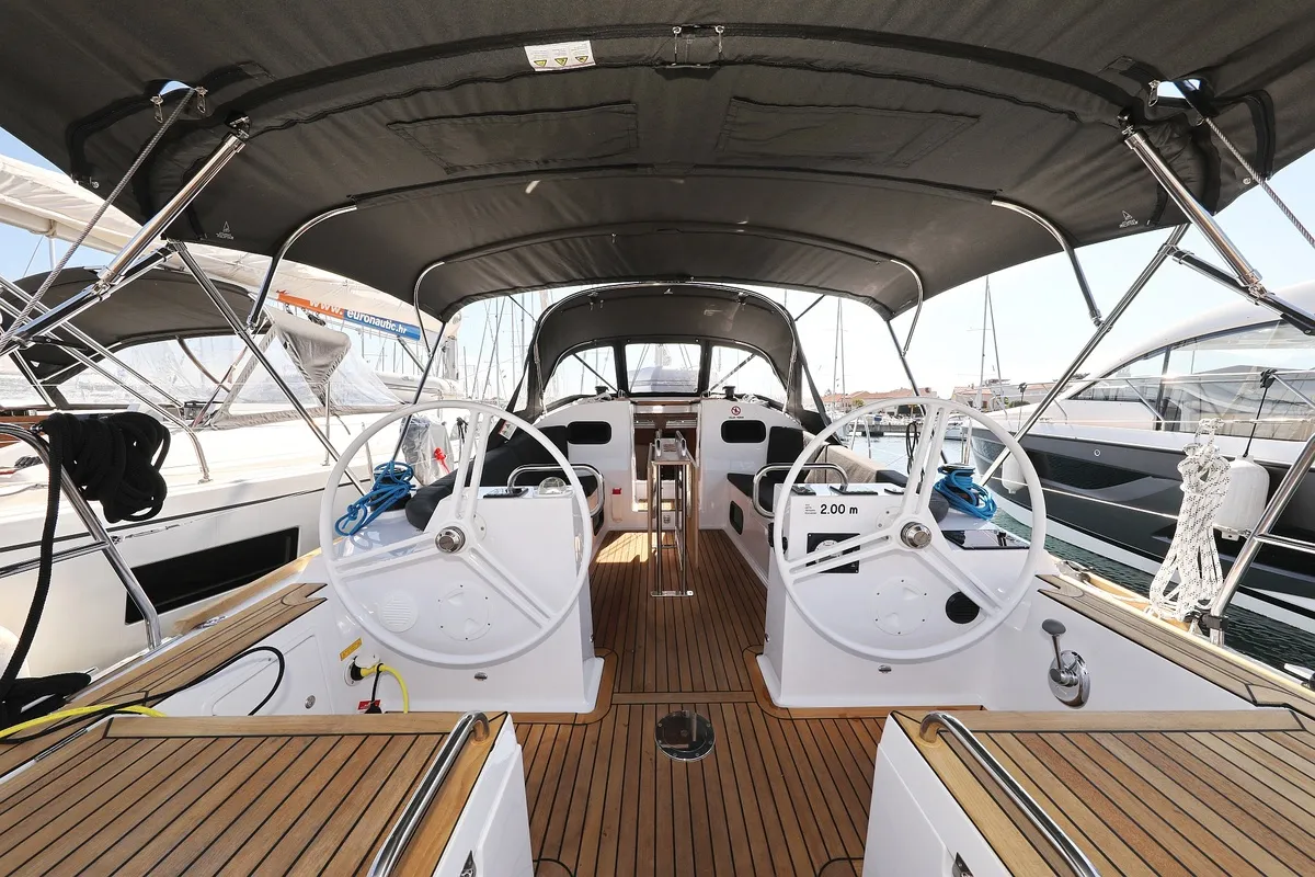 Cockpit of Kaya, a Elan Impression 40.1 sailboat at Grad Biograd na Moru, Croatia