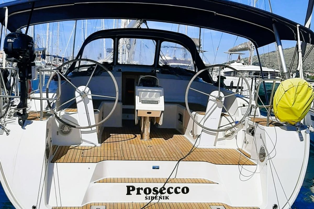 Cockpit of PROSECCO, a Bavaria Cruiser 46 sailboat at Grad Trogir, Croatia
