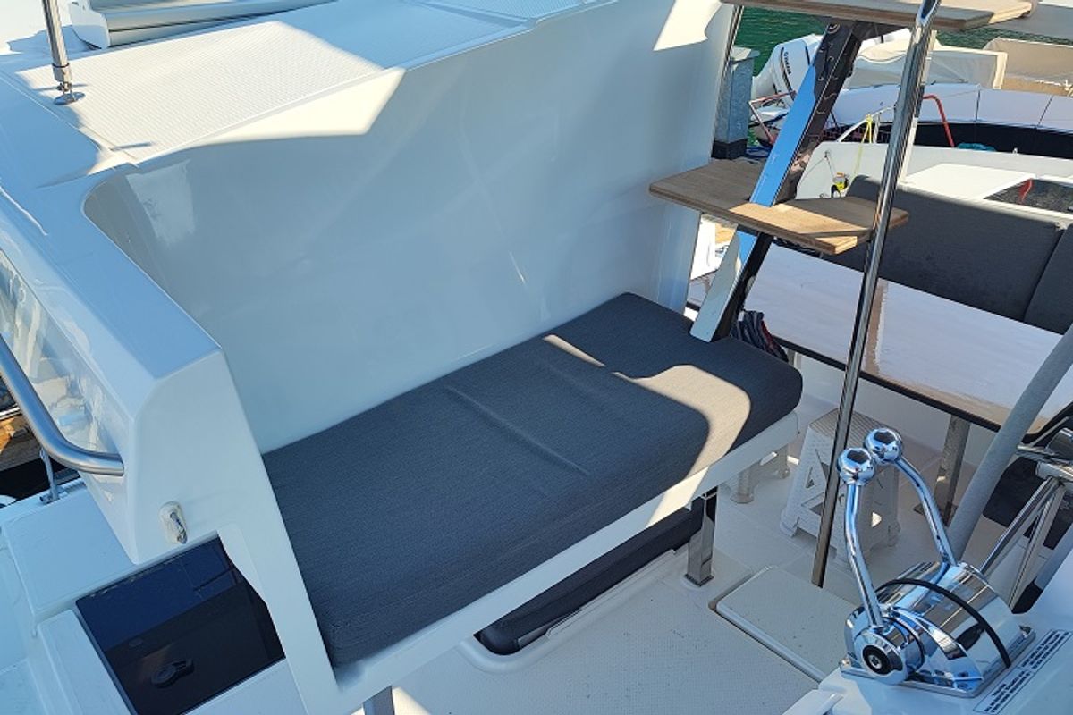 Cockpit of Blue Orion, a Fountaine Pajot Isla 40 catamaran at Fethiye, Turkey