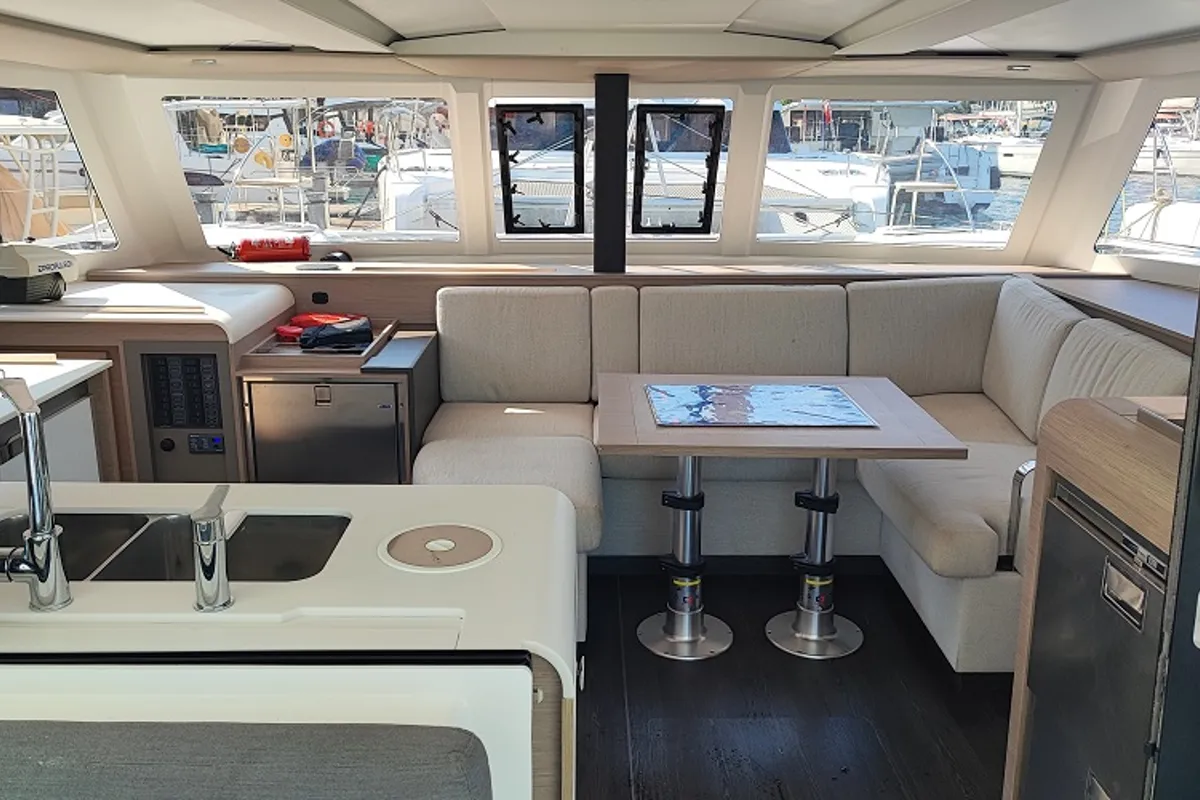 Salon of Blue Orion, a Fountaine Pajot Isla 40 catamaran at Fethiye, Turkey