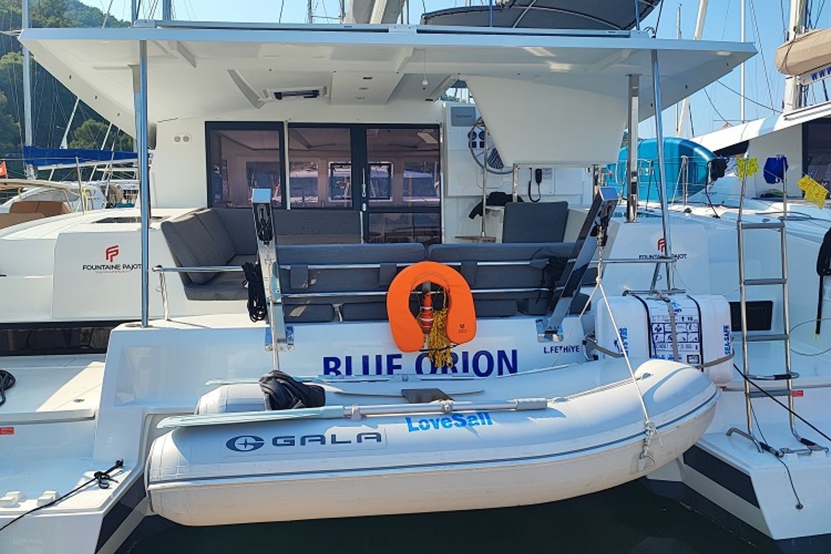 Exterior view of Blue Orion, a Fountaine Pajot Isla 40 catamaran at Fethiye, Turkey