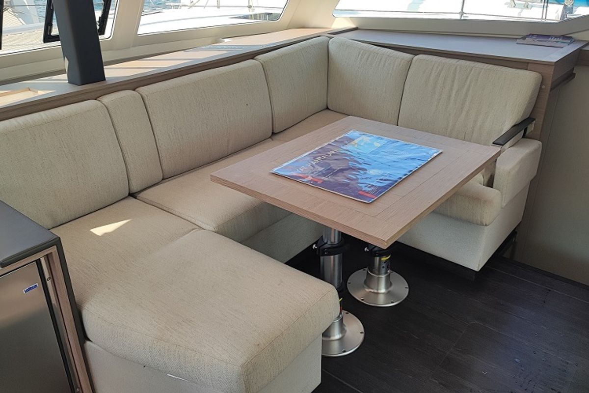 Salon of Blue Orion, a Fountaine Pajot Isla 40 catamaran at Fethiye, Turkey