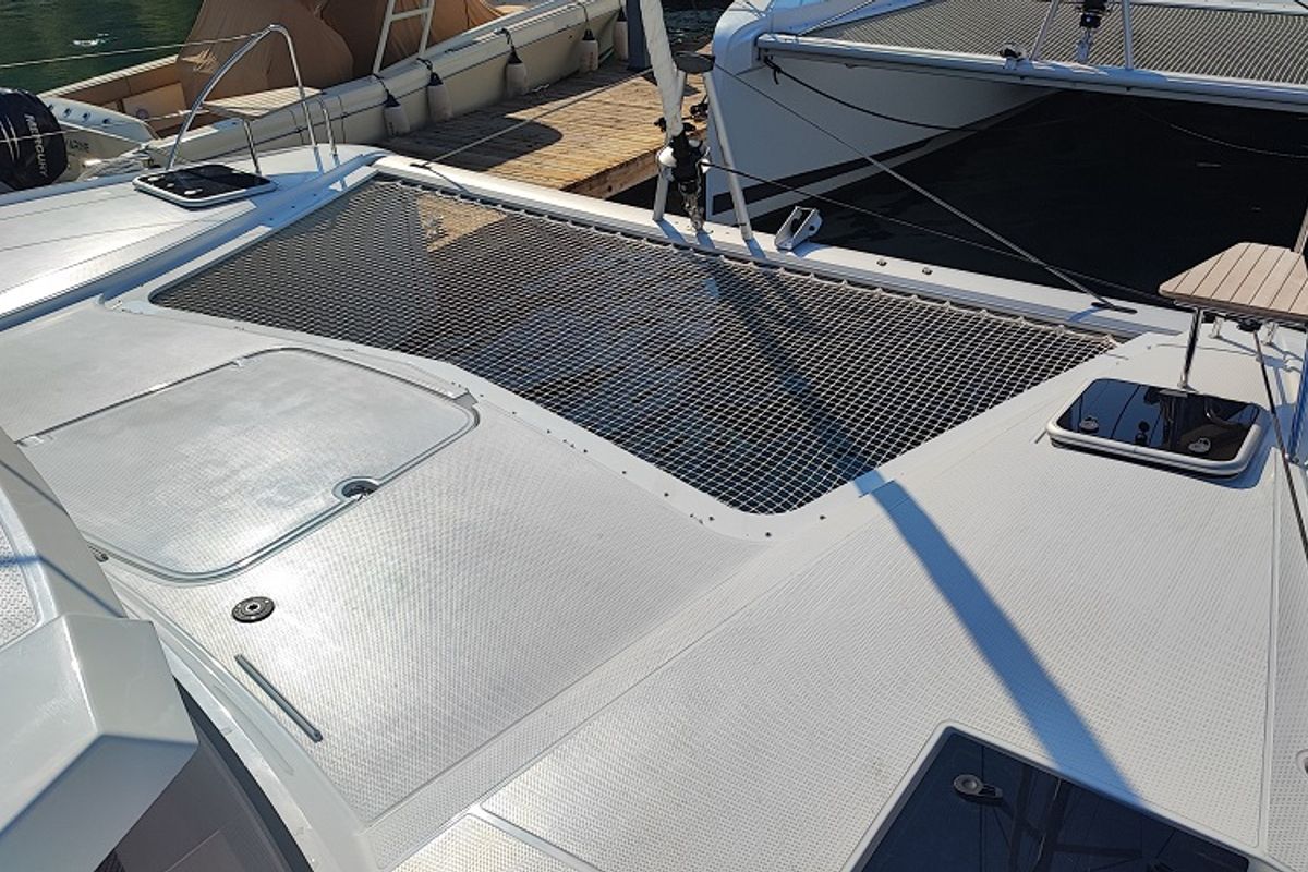 Deck of Blue Orion, a Fountaine Pajot Isla 40 catamaran at Fethiye, Turkey