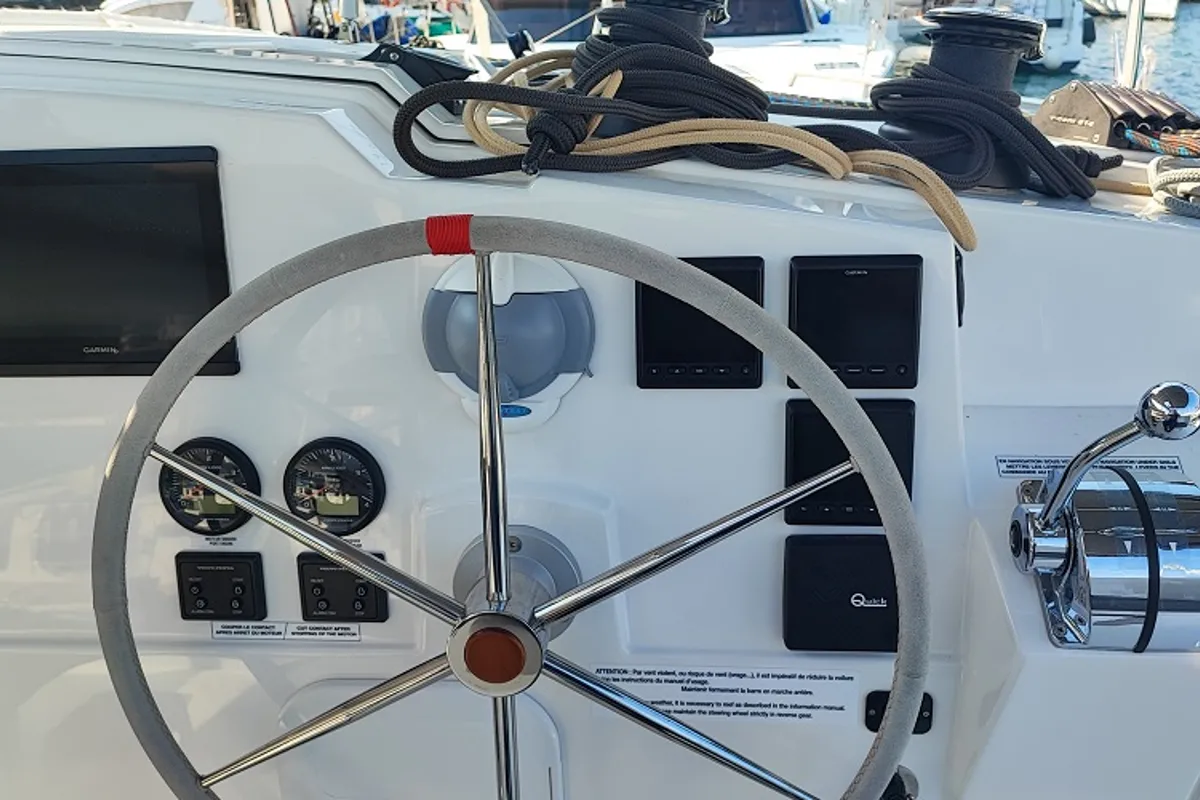 Cockpit of Blue Orion, a Fountaine Pajot Isla 40 catamaran at Fethiye, Turkey