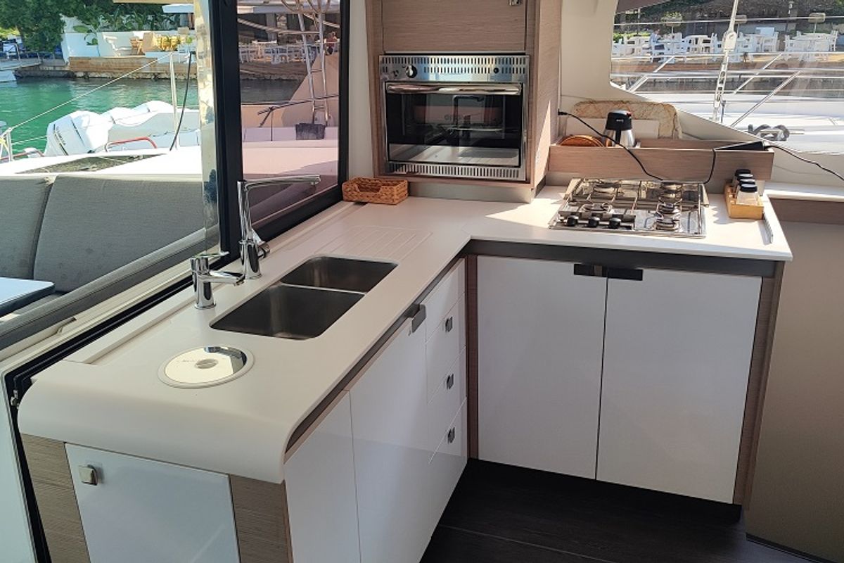 Galley of Blue Orion, a Fountaine Pajot Isla 40 catamaran at Fethiye, Turkey