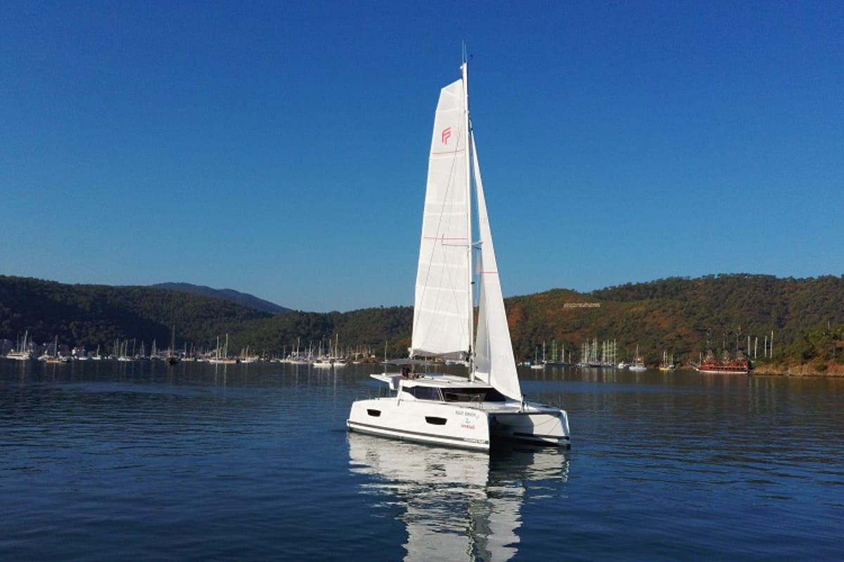 Exterior view of Blue Orion, a Fountaine Pajot Isla 40 catamaran at Fethiye, Turkey
