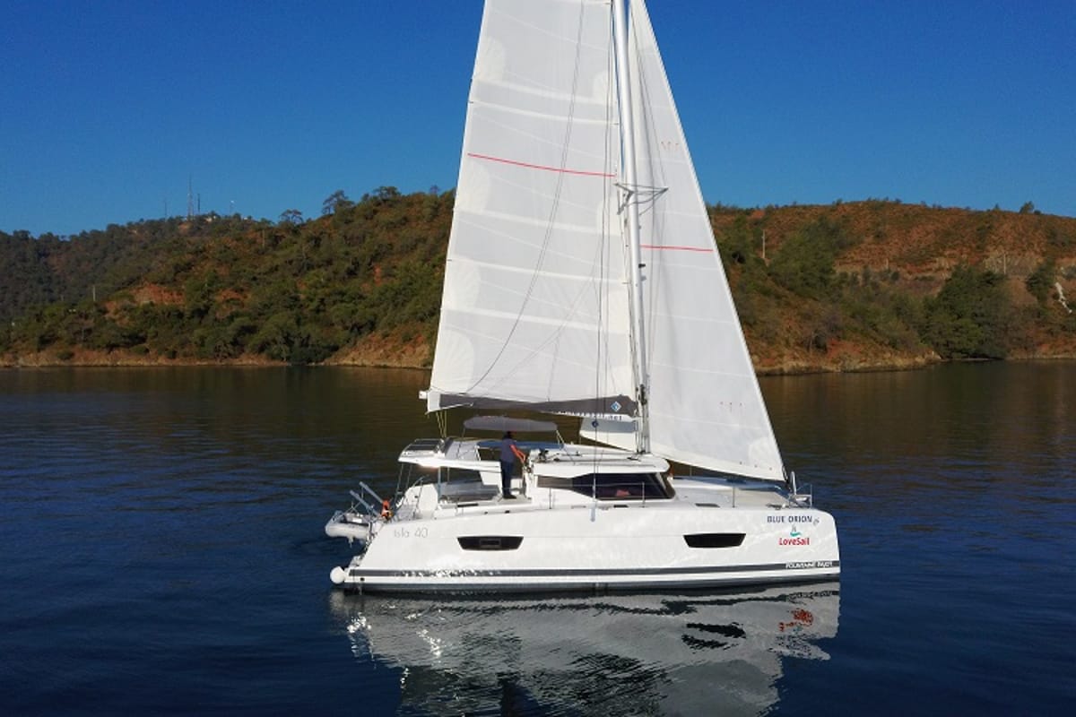 Exterior view of Blue Orion, a Fountaine Pajot Isla 40 catamaran at Fethiye, Turkey