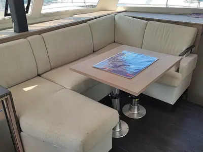 Salon of Blue Orion, a Fountaine Pajot Isla 40 catamaran at Fethiye, Turkey