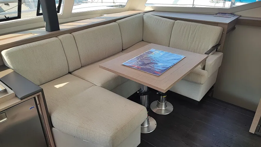 Salon of Blue Orion, a Fountaine Pajot Isla 40 catamaran at Fethiye, Turkey