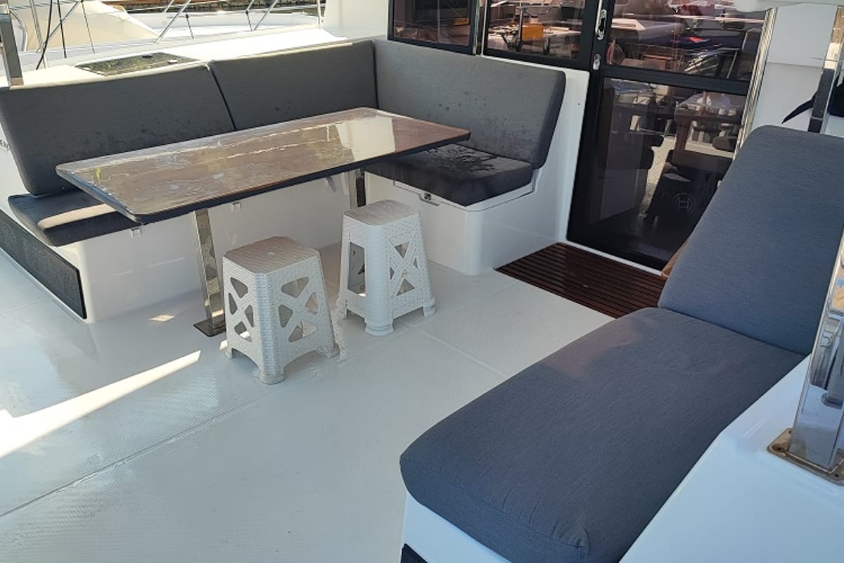 Deck of Blue Orion, a Fountaine Pajot Isla 40 catamaran at Fethiye, Turkey